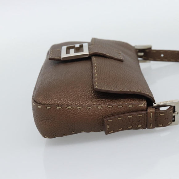 FENDI Celeria Mamma Baguette Shoulder Bag Leather Brown Silver Auth yk20699SAM