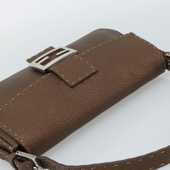 FENDI Celeria Mamma Baguette Shoulder Bag Leather Brown Silver Auth yk20699SAM