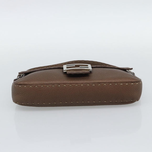 FENDI Celeria Mamma Baguette Shoulder Bag Leather Brown Silver Auth yk20699SAM