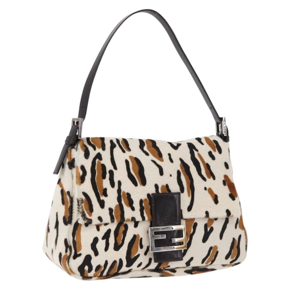 FENDI Leopard Mamma Baguette Shoulder Bag Harako White Silver Auth yk20700SAM
