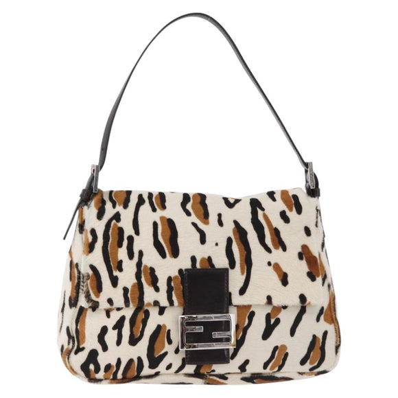 FENDI Leopard Mamma Baguette Shoulder Bag Harako White Silver Auth yk20700SAM