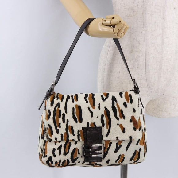 FENDI Leopard Mamma Baguette Shoulder Bag Harako White Silver Auth yk20700SAM