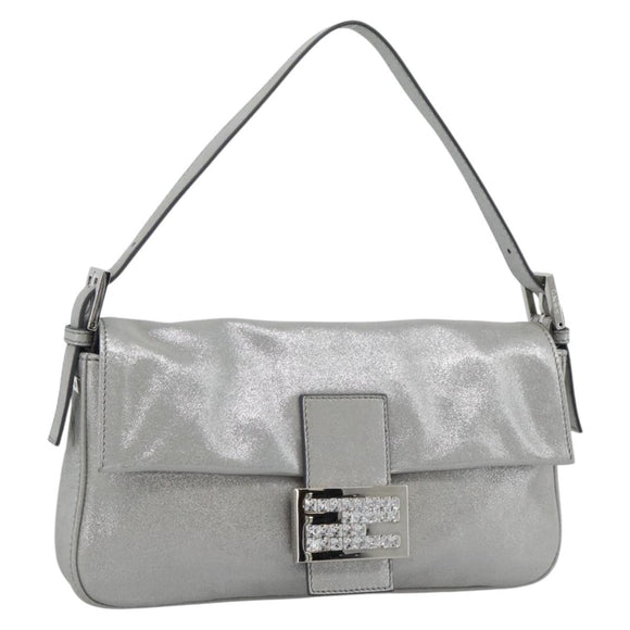 FENDI Rhinestone Mamma Baguette Bag Leather Silver 8BR600 Auth yk20705SM