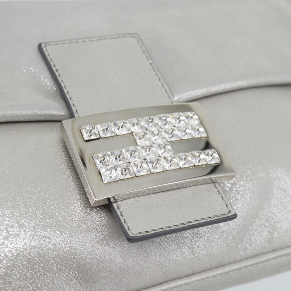 FENDI Rhinestone Mamma Baguette Bag Leather Silver 8BR600 Auth yk20705SM