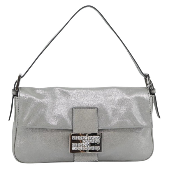 FENDI Rhinestone Mamma Baguette Bag Leather Silver 8BR600 Auth yk20705SM