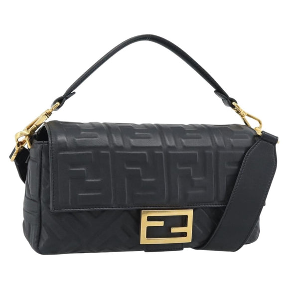 FENDI Zucca Mamma Baguette Bag Leather 2way Black Gold 8BH600 Auth yk20707SAM