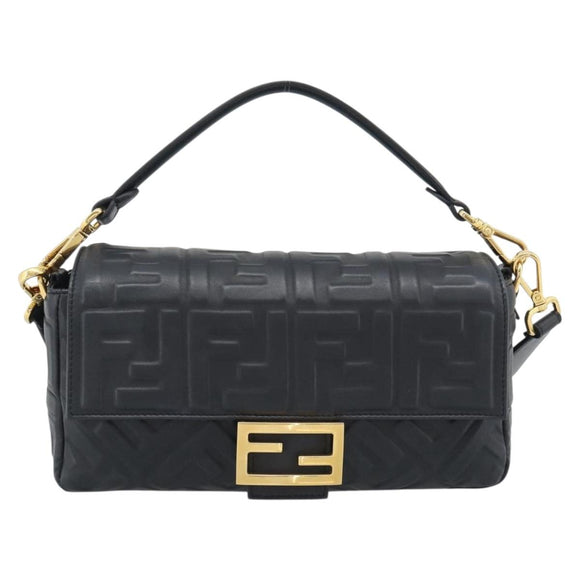 FENDI Zucca Mamma Baguette Bag Leather 2way Black Gold 8BH600 Auth yk20707SAM