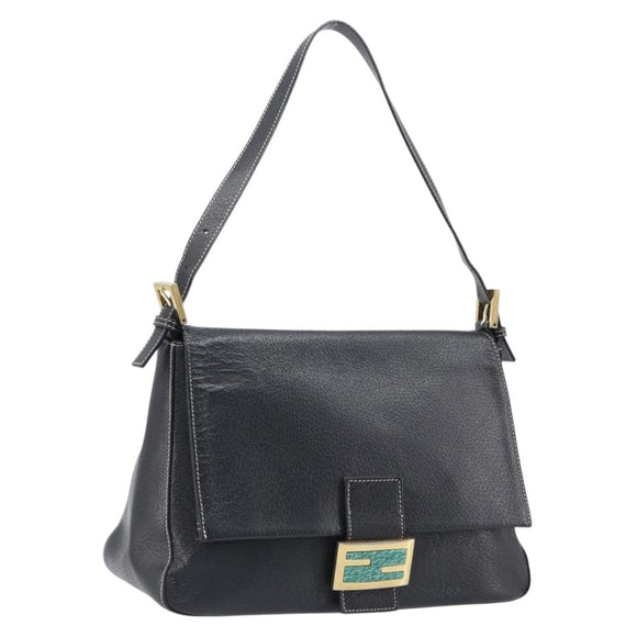 FENDI Mamma Baguette Shoulder Bag Leather Black Gold Auth yk20713M