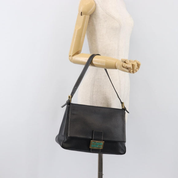 FENDI Mamma Baguette Shoulder Bag Leather Black Gold Auth yk20713M