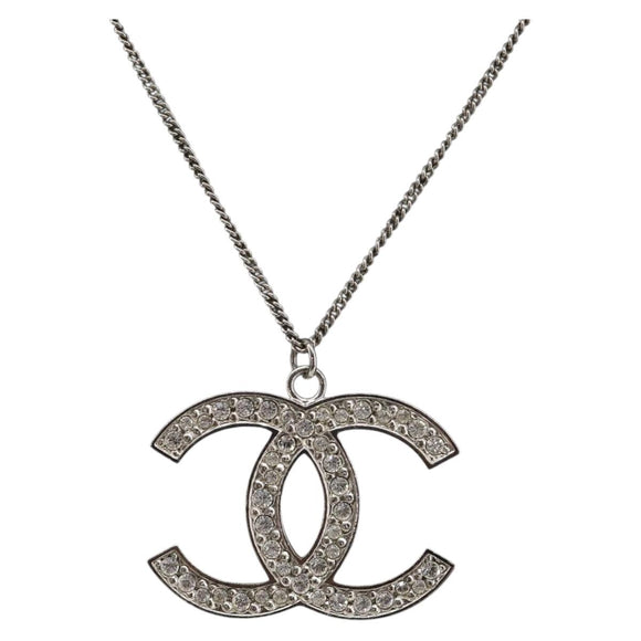 CHANEL COCO Mark Stone Necklace metal Silver CC Auth yk20721M