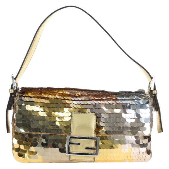 FENDI Mamma Baguette Shoulder Bag Sequin Leather Gold Tone Auth yk20723SM