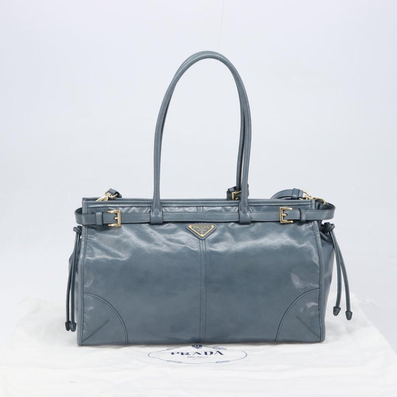 PRADA Bonnie Large Hand Bag Leather 2way Blue Gold Auth yk20726SAM