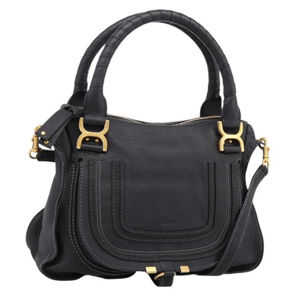 Chloe Marcie Hand Bag Leather 2way Black Gold Auth yk20751V