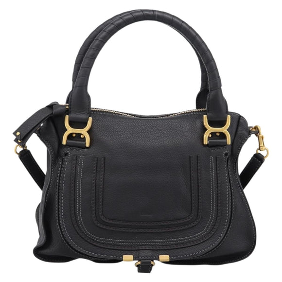 Chloe Marcie Hand Bag Leather 2way Black Gold Auth yk20751V