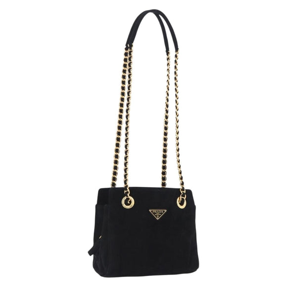 PRADA Chain Shoulder Bag Suede Black Gold Auth yk20760V