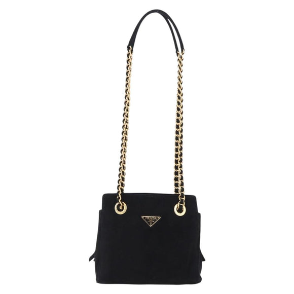 PRADA Chain Shoulder Bag Suede Black Gold Auth yk20760V
