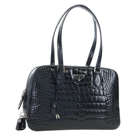 PRADA Hand Bag Embossed Leather Black Silver Auth yk20763SAM