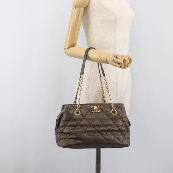 CHANEL Wild Stitch Chain Shoulder Bag Leather Brown Gold CC Auth yk20765V