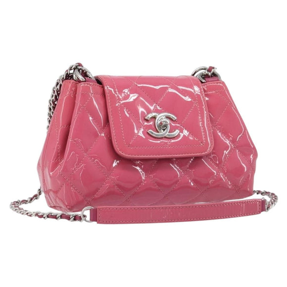CHANEL Matelasse Chain Shoulder Bag Patent leather Pink Silver CC Auth yk20768V
