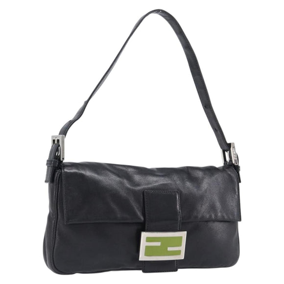 FENDI Mamma Baguette Shoulder Bag Leather Black Silver Auth yk20771SAM