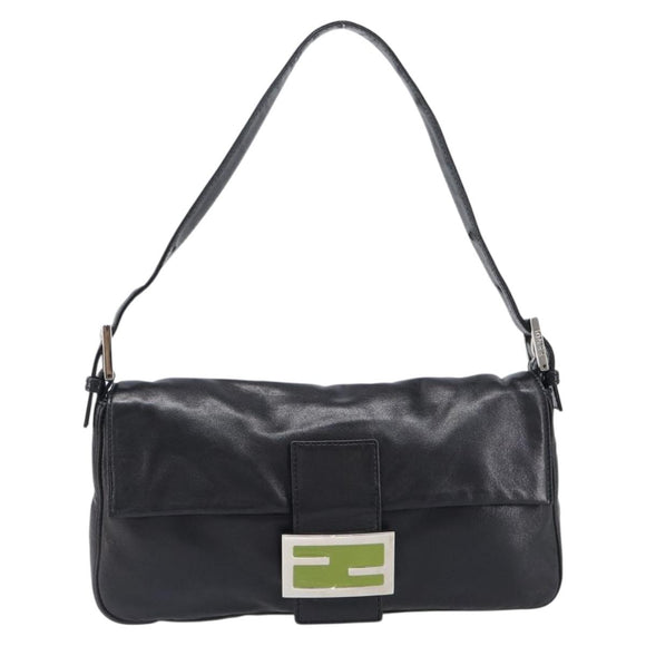 FENDI Mamma Baguette Shoulder Bag Leather Black Silver Auth yk20771SAM
