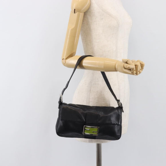 FENDI Mamma Baguette Shoulder Bag Leather Black Silver Auth yk20771SAM