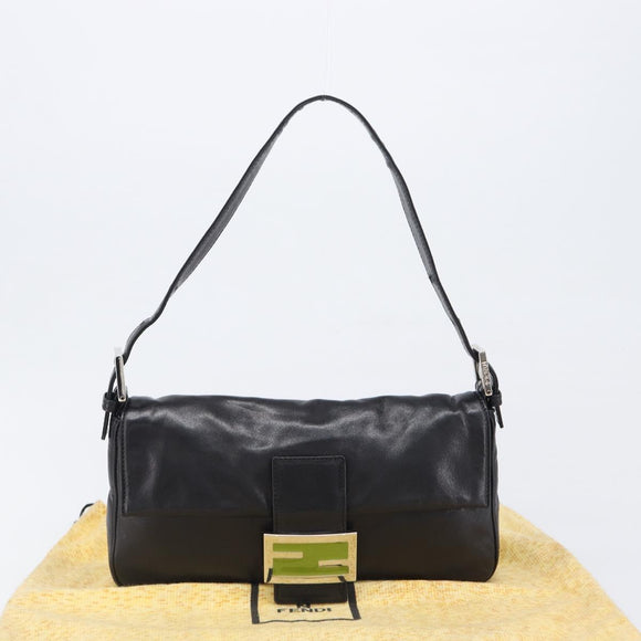 FENDI Mamma Baguette Shoulder Bag Leather Black Silver Auth yk20771SAM