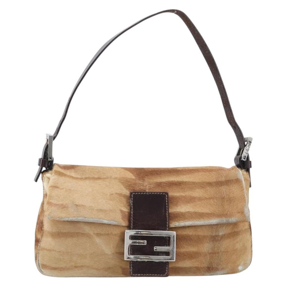 FENDI Mamma Baguette Hand Bag Harako Leather Brown Silver Auth yk20783A