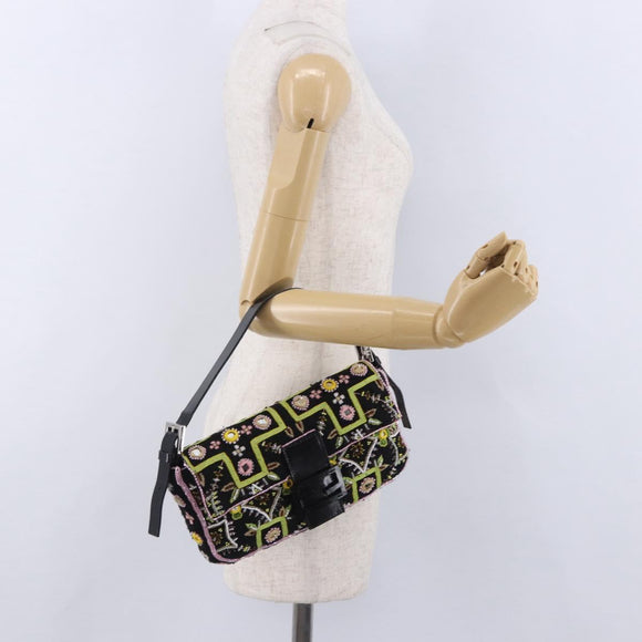 FENDI Mamma Baguette Shoulder Bag Canvas Beads Multicolor Silver Auth yk20784SAM