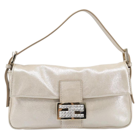 FENDI Rhinestone Mamma Baguette Shoulder Bag Leather Gold Tone Auth yk20787SM