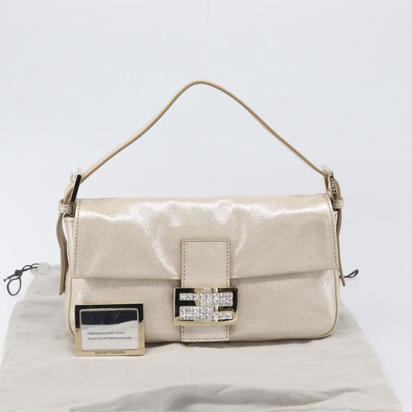 FENDI Rhinestone Mamma Baguette Shoulder Bag Leather Gold Tone Auth yk20787SM