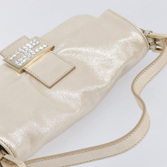 FENDI Rhinestone Mamma Baguette Shoulder Bag Leather Gold Tone Auth yk20787SM