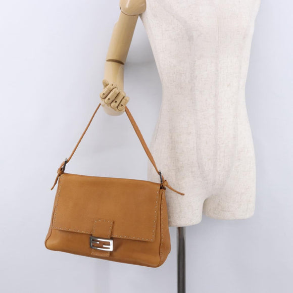 FENDI Selleria Mamma Baguette Shoulder Bag Leather Brown Silver Auth yk20788SAM