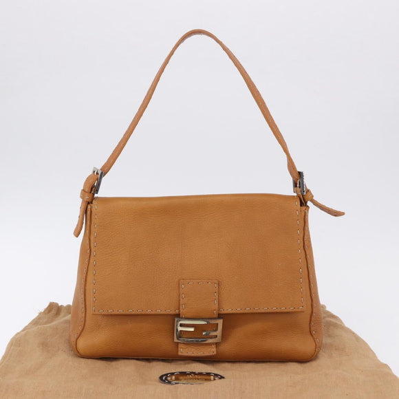 FENDI Selleria Mamma Baguette Shoulder Bag Leather Brown Silver Auth yk20788SAM