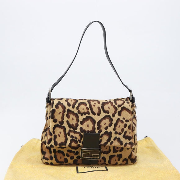 FENDI Leopard Pattern Mamma Baguette Bag Harako Leather Brown Auth yk20791SAM