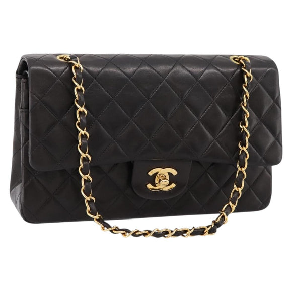 CHANEL Double Flap Chain Matelasse 25 Bag Lamb Skin Black Gold Auth yk20797SAM