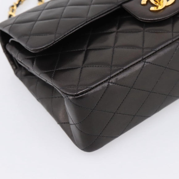 CHANEL Double Flap Chain Matelasse 25 Bag Lamb Skin Black Gold Auth yk20797SAM