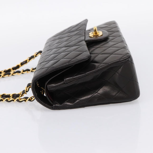 CHANEL Double Flap Chain Matelasse 25 Bag Lamb Skin Black Gold Auth yk20797SAM