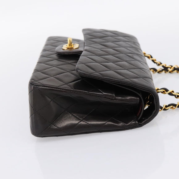 CHANEL Double Flap Chain Matelasse 25 Bag Lamb Skin Black Gold Auth yk20797SAM