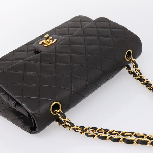 CHANEL Double Flap Chain Matelasse 25 Bag Lamb Skin Black Gold Auth yk20797SAM