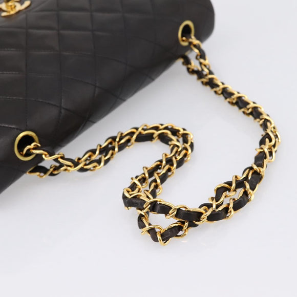 CHANEL Double Flap Chain Matelasse 25 Bag Lamb Skin Black Gold Auth yk20797SAM