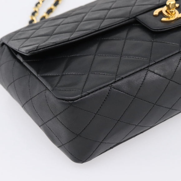 CHANEL Double Flap Chain Matelasse Bag Lamb Skin Black Gold CC Auth yk20805SAM