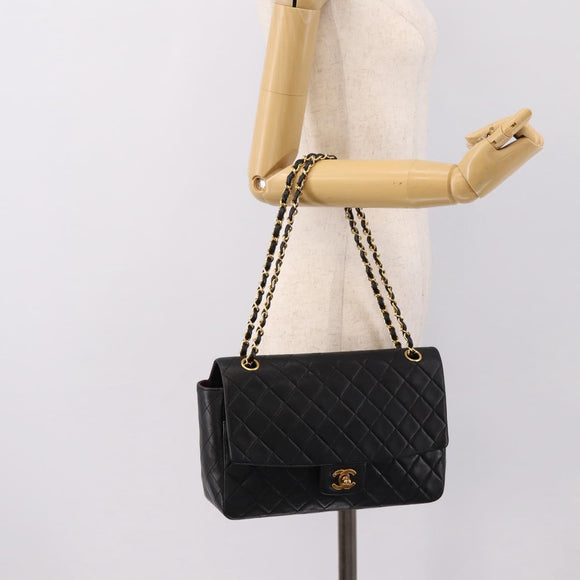 CHANEL Double Flap Chain Matelasse Bag Lamb Skin Black Gold CC Auth yk20805SAM