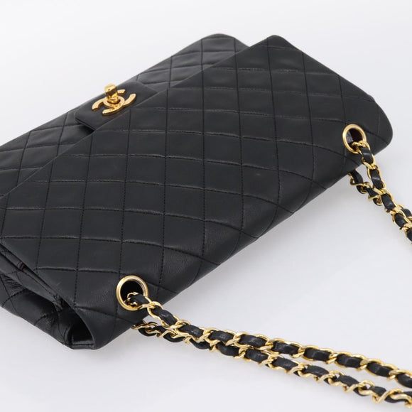 CHANEL Double Flap Chain Matelasse Bag Lamb Skin Black Gold CC Auth yk20805SAM