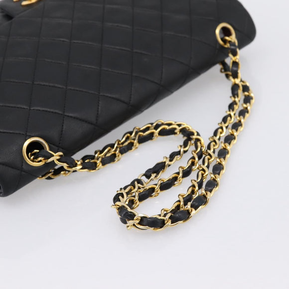 CHANEL Double Flap Chain Matelasse Bag Lamb Skin Black Gold CC Auth yk20805SAM
