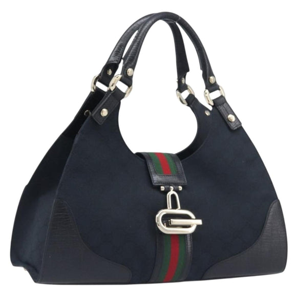 GUCCI GG Canvas Web Sherry Line Hand Bag Black Gold 130995 Auth yk20808SAV