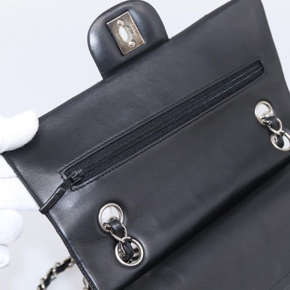 CHANEL Double Flap Chain Matelasse 23 Bag Lamb Skin Black Silver Auth yk20812SAM