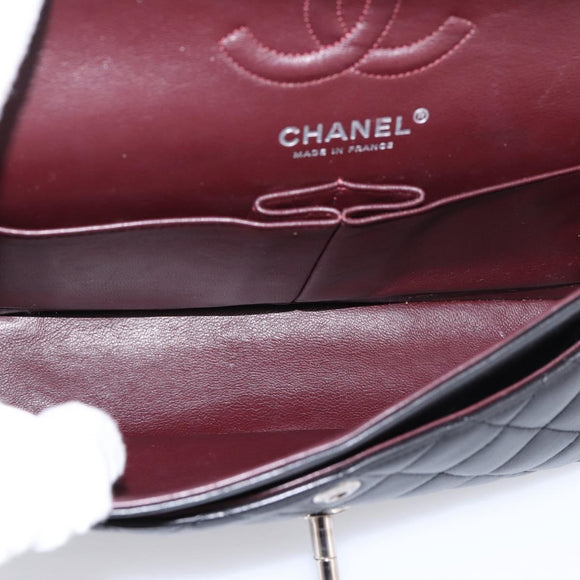 CHANEL Double Flap Chain Matelasse 23 Bag Lamb Skin Black Silver Auth yk20812SAM