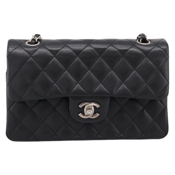 CHANEL Double Flap Chain Matelasse 23 Bag Lamb Skin Black Silver Auth yk20812SAM