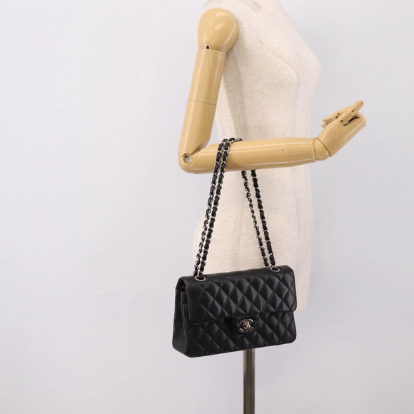 CHANEL Double Flap Chain Matelasse 23 Bag Lamb Skin Black Silver Auth yk20812SAM